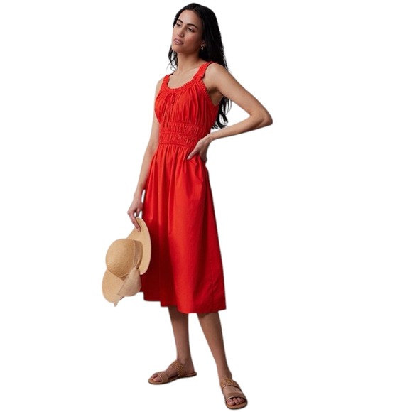 LC Lauren Conrad Dresses & Skirts - LC Lauren Conrad Shirred Tank Midi Dress Red Smocked Waist Ruffle Women's Size S
